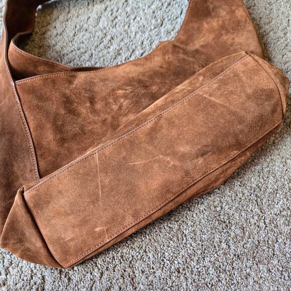 Quince Italian Suede Slouchy Shoulder Bag Purse Whiskey Cognac Brown Minimal - Picture 4 of 10